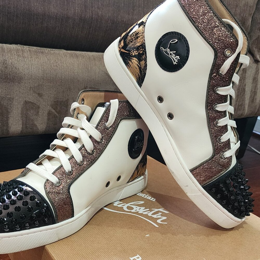 Christian Louboutin Spike White/Black Gold Leather High Top Sneakers 42.5